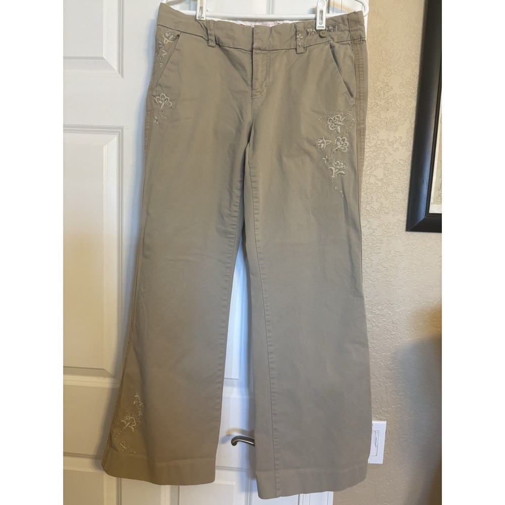 Vintage American Eagle Women's Khaki Flare-Leg Pants With Floral Embroidery, 10